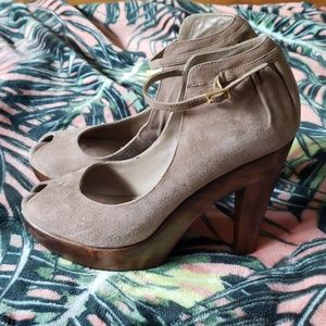 LOEFFLER RANDALL Taupe Suede Wood Heels Size 8